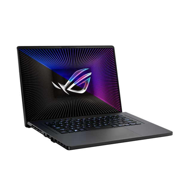 Off Center Shot of the Front of the Rog Zephyrus G16, With the Rog Fearless Eye Logo on Screen